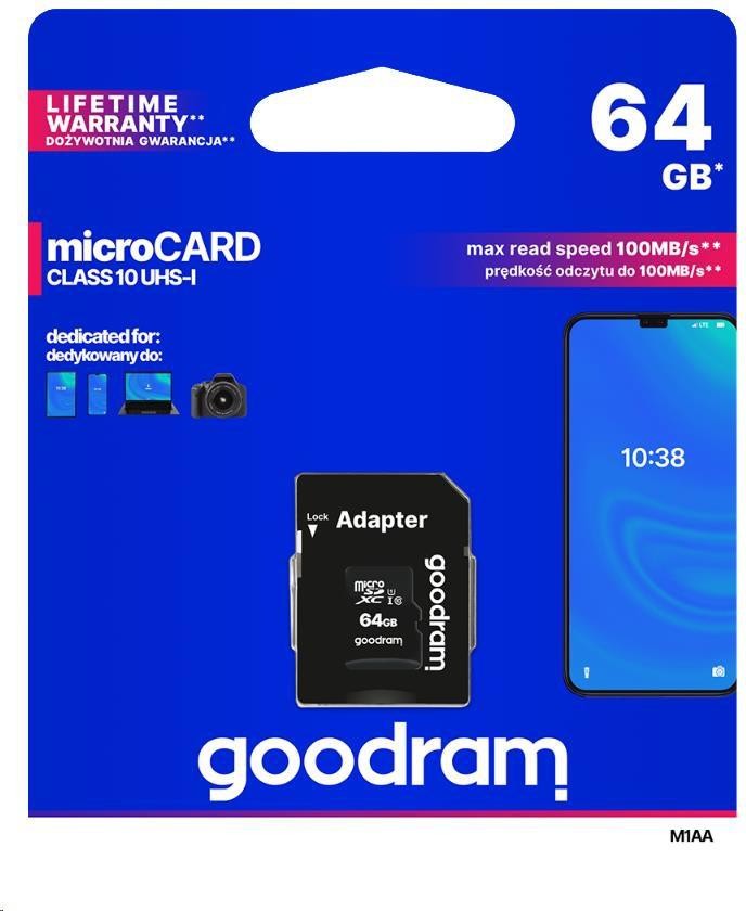 MicroSDXC Paměťová karta 64GB Class 10 UHS-I + SD adaptér
